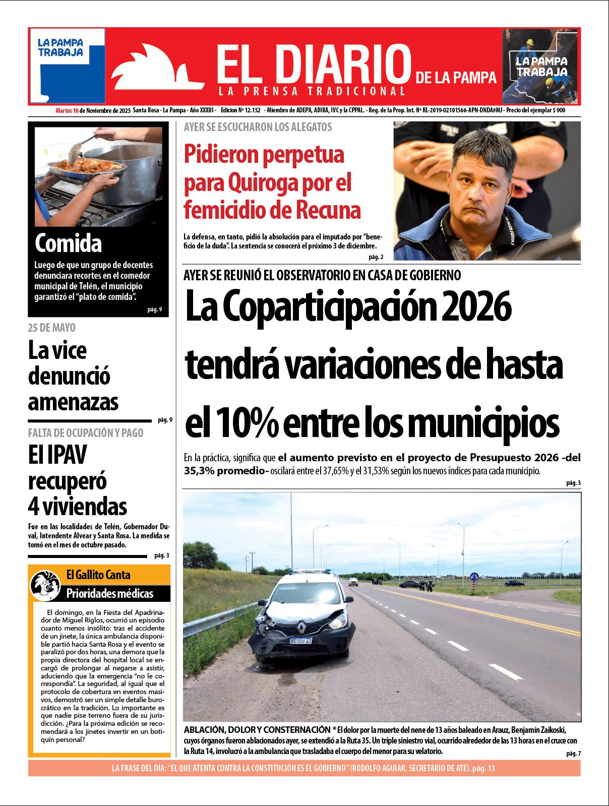 Tapa de El Diario en papel  martes 18 de noviembre de 2025